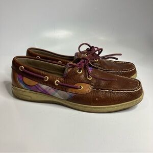 Sperry boat Shoes leather purple plaid size 10